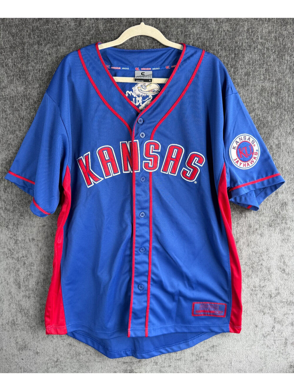 Colosseum Athletics Kansas Jayhawks Baseball Jersey Mens Large Blue Button Up